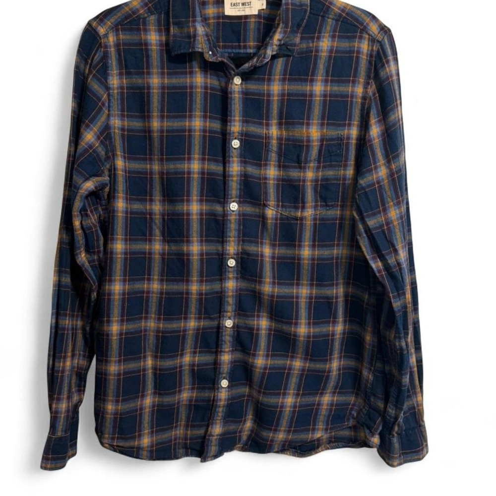East West button up flannel shirt men's size medium‎ Navy, yellow